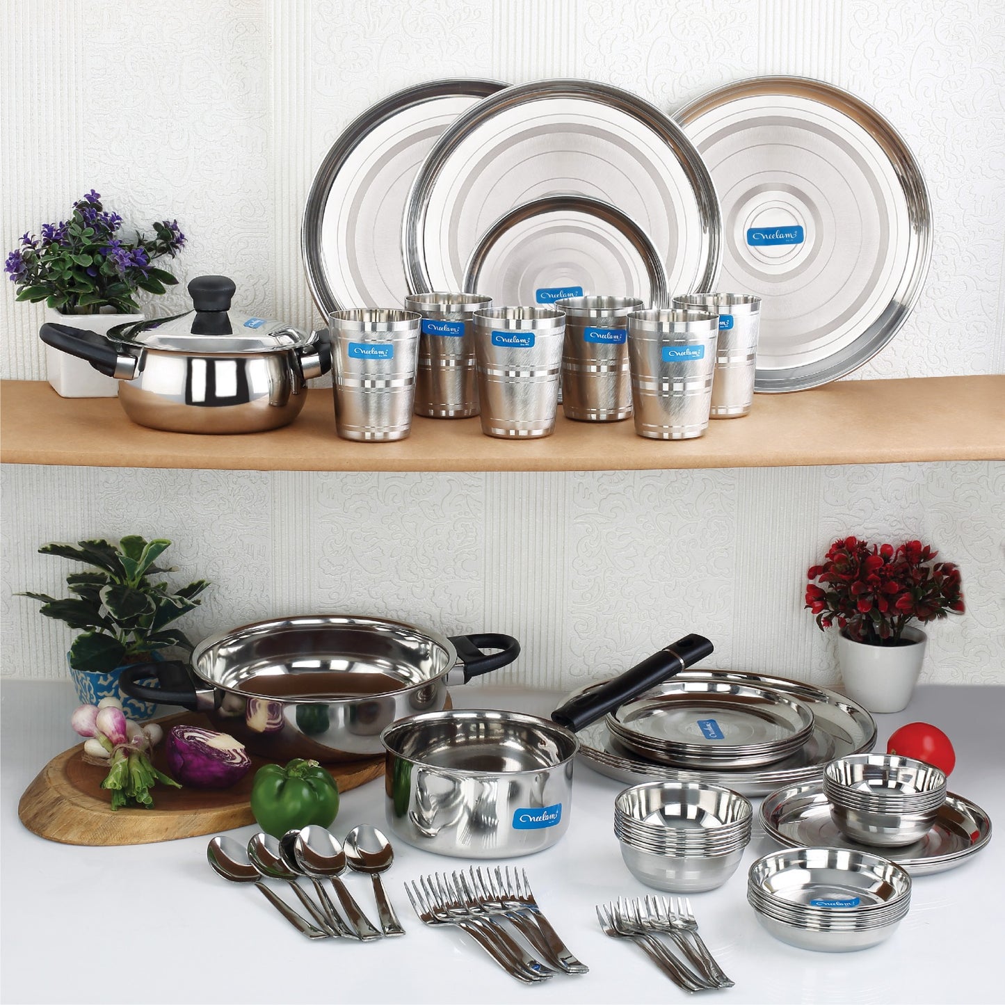 Parivar Dine & Cook Set: Stainless steel Dinner set of 58 Pcs, Diamond Finish/ Premium/ Laser Etching