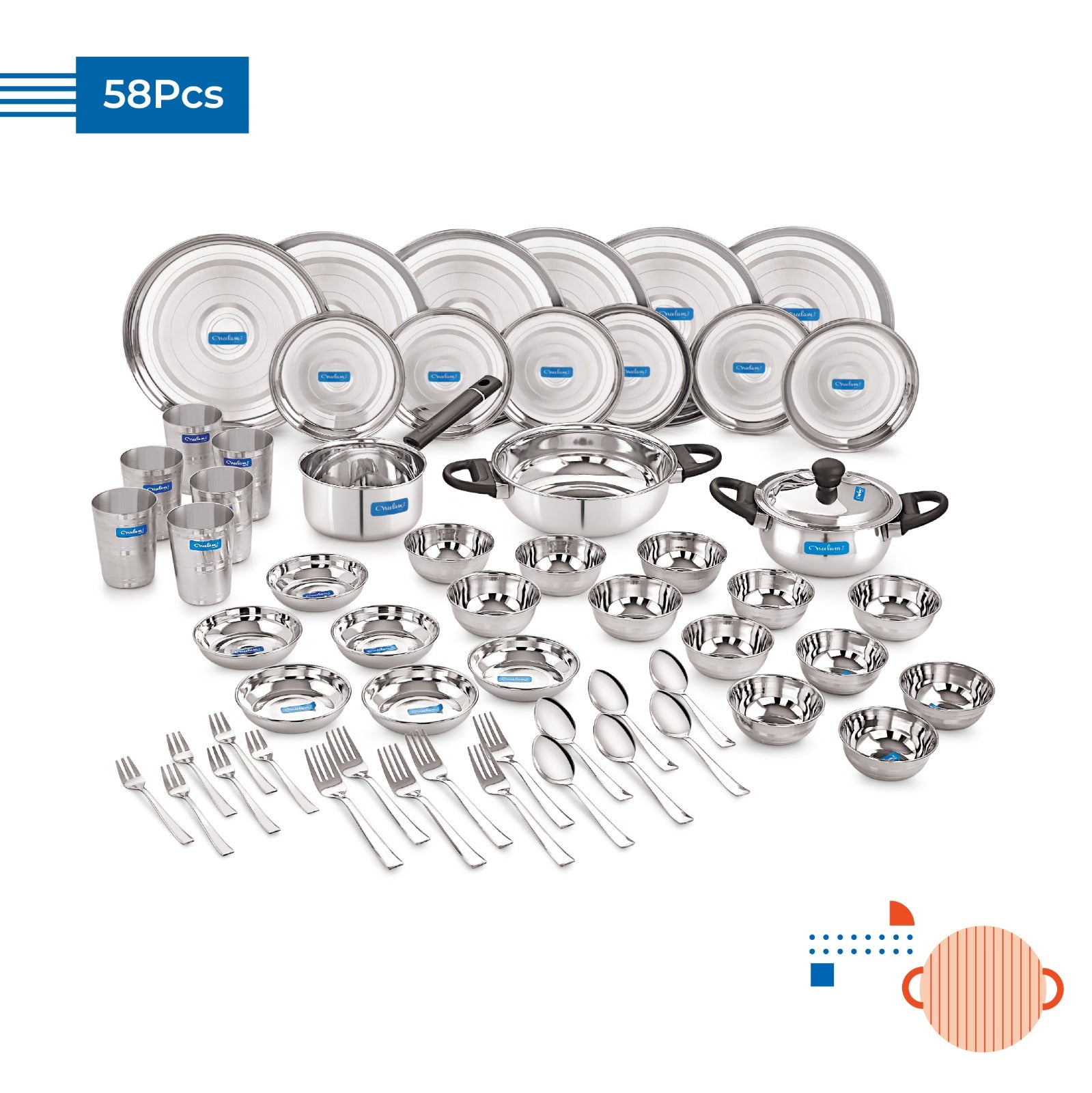 Parivar Dine & Cook Set: Stainless steel Dinner set of 58 Pcs, Diamond Finish/ Premium/ Laser Etching