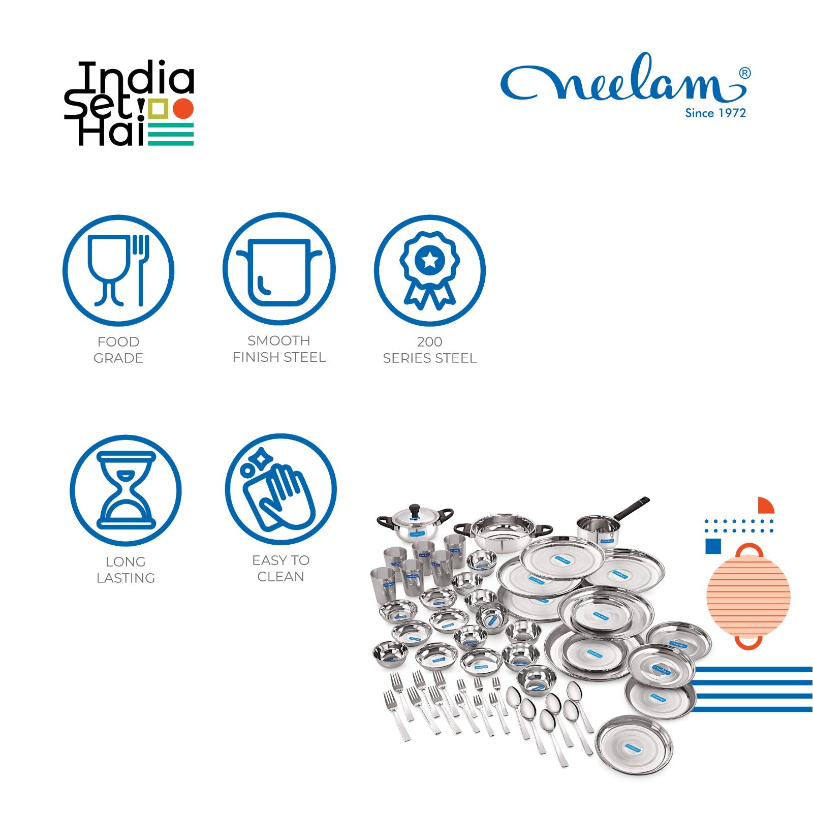 Parivar Dine & Cook Set: Stainless steel Dinner set of 58 Pcs, Diamond Finish/ Premium/ Laser Etching