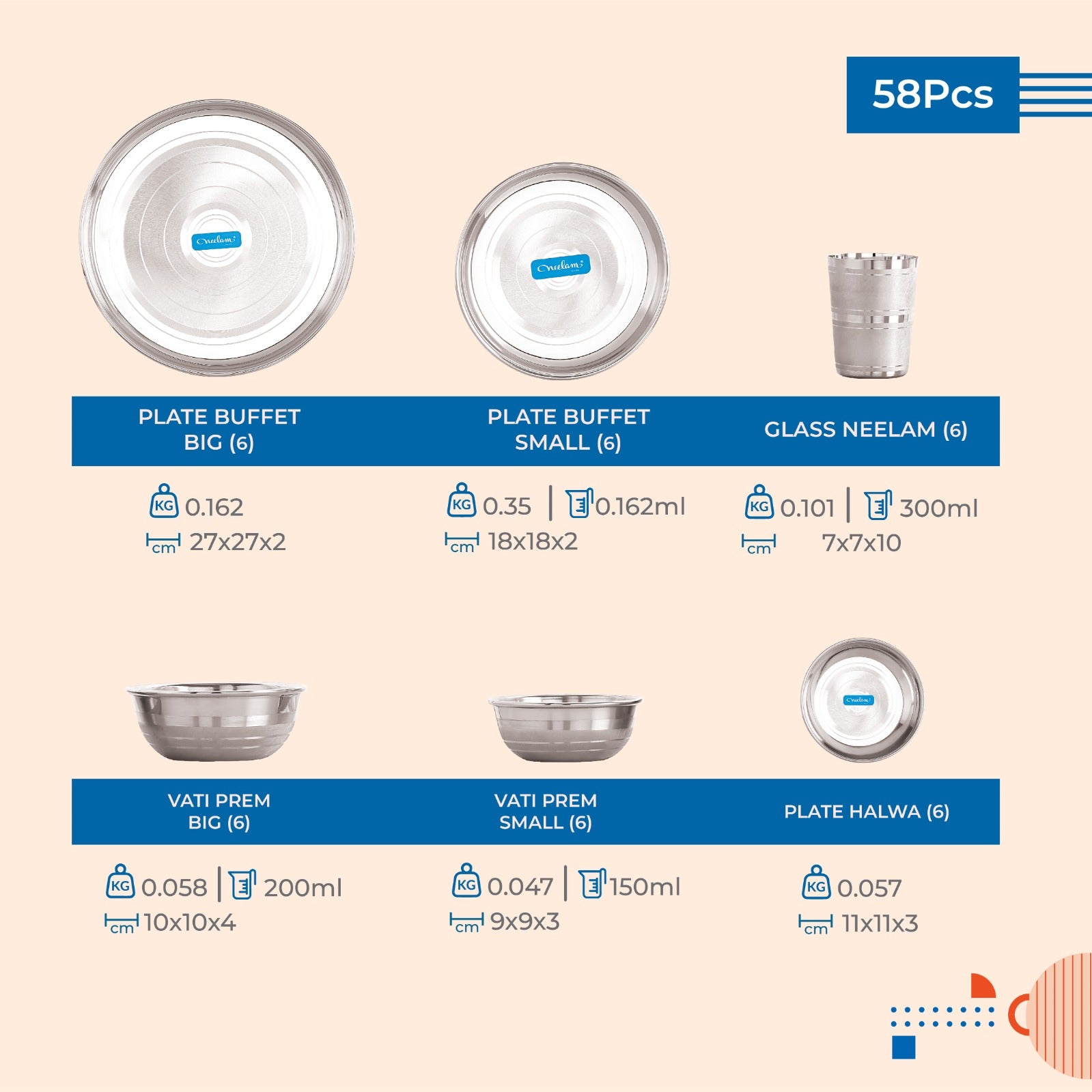 Parivar Dine & Cook Set: Stainless steel Dinner set of 58 Pcs, Diamond Finish/ Premium/ Laser Etching