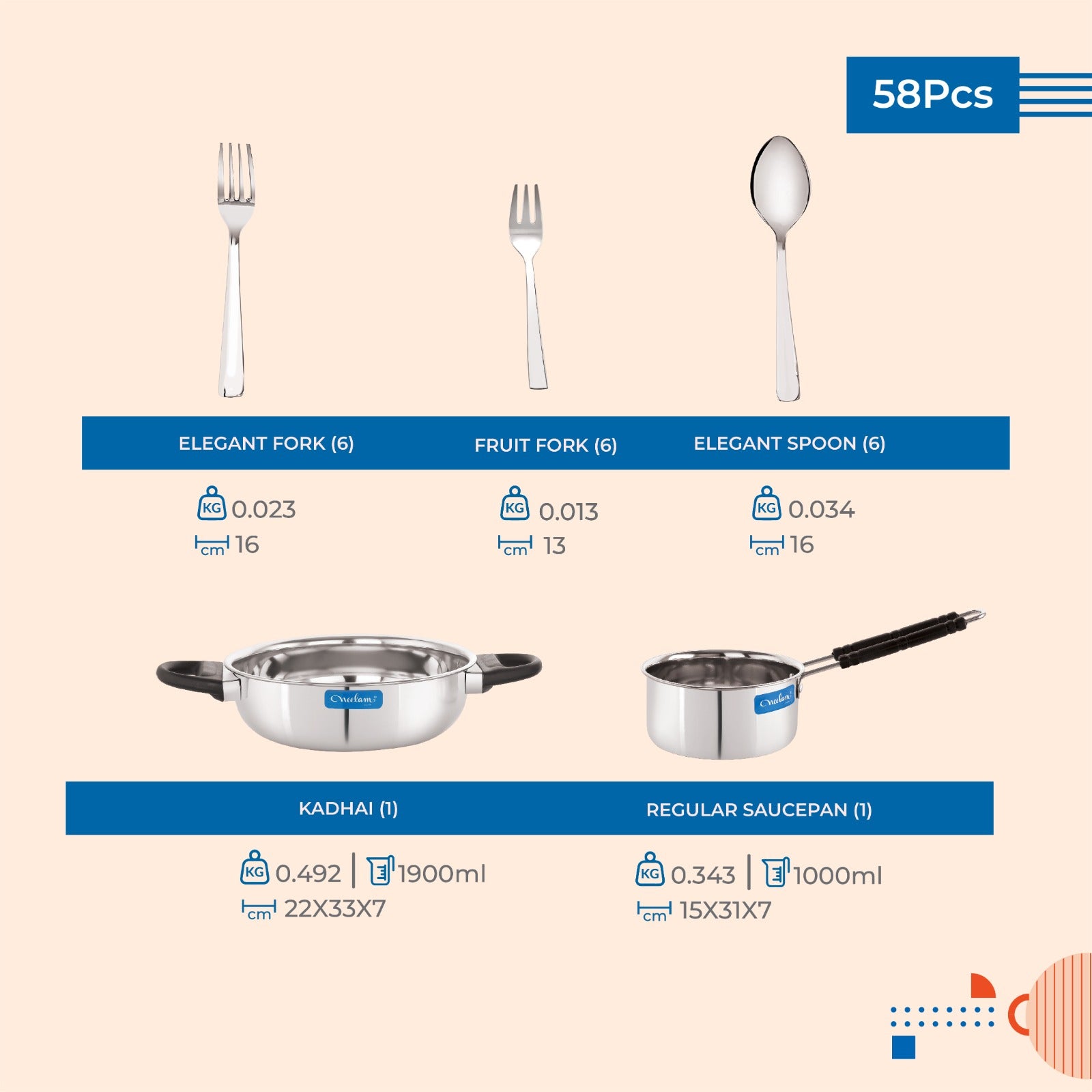 Stainless steel Dinner set of 58 Pcs