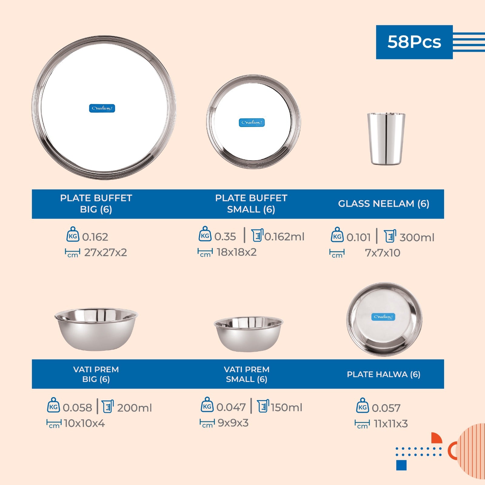 Stainless steel Dinner set of 58 Pcs