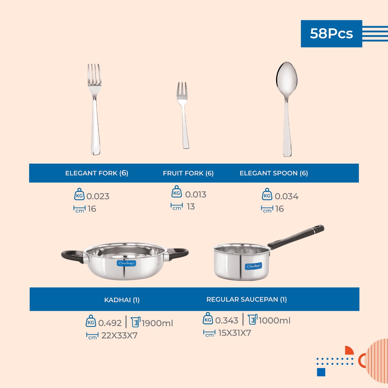 Stainless steel Dinner set of 58 Pcs