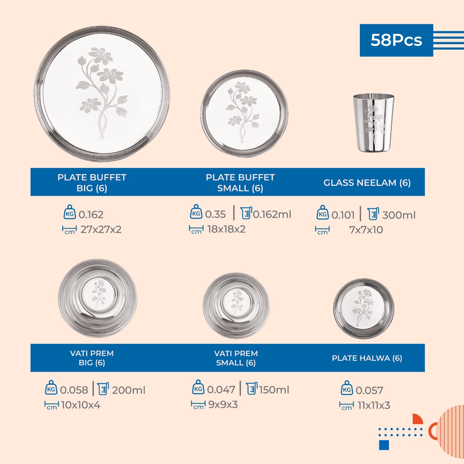 Stainless steel Dinner set of 58 Pcs