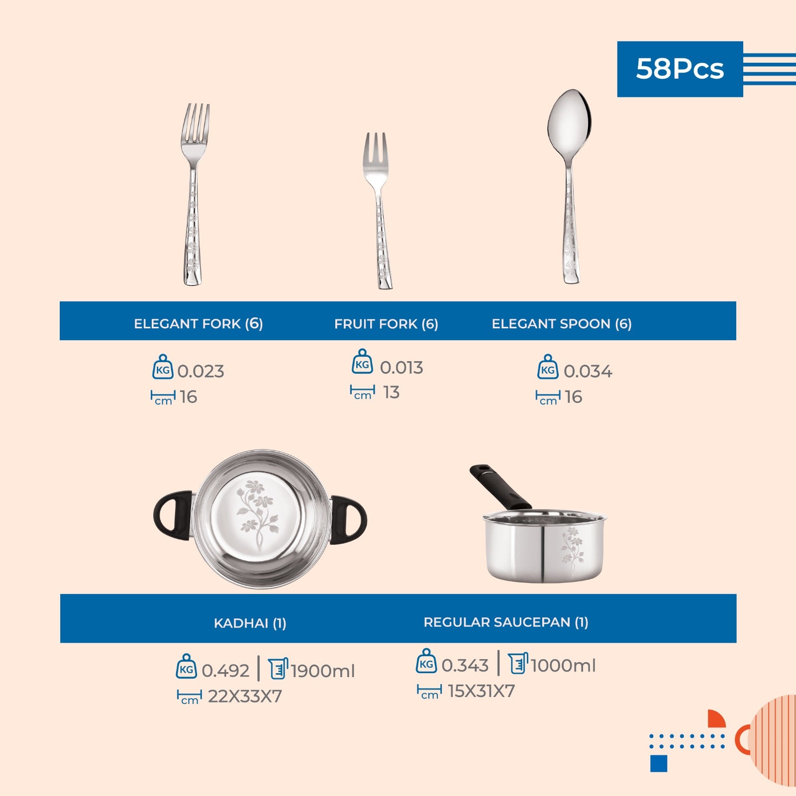 Stainless steel Dinner set of 58 Pcs