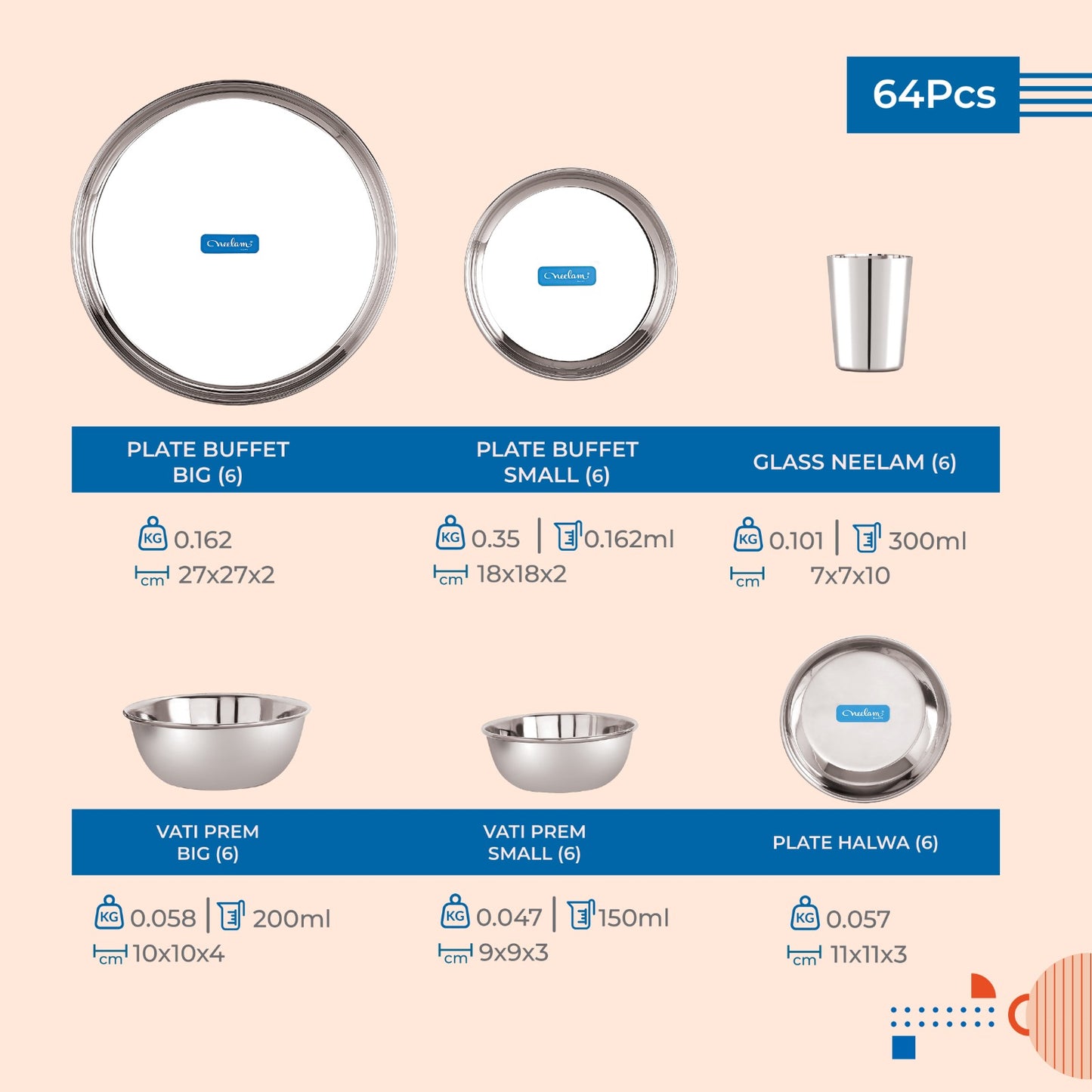 Stainless steel Dinner set of 64 Pcs